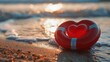 Closeup of Red Lifeguard Ring with Heart on the beach at sunset representing the lifesaving love protection emotional safety, unconditional love and saving nature concept background with copy space