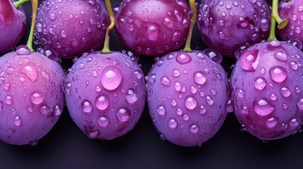   a group of plums with water droplets on them on a black background with a black background and a few more plums with water droplets on the top of them.