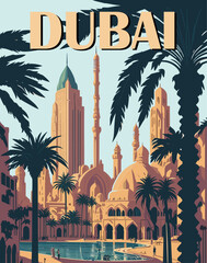 Dubai Travel Destination Poster in retro style. United Arab Emirates print. Exotic summer vacation, holidays, tourism and travelling concept. Vintage vector colorful illustration.