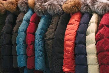 Poster - Multi-colored winter down jackets on hangers in a store or market