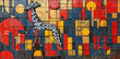 a painting of a giraffe in front of a multicolored background of circles and circles of shapes.