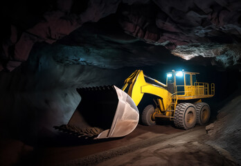 Poster - Coal mining in mine use Underground Mining Loader. Heavy machinery for Underground mining. Coal mining in mine. Underground Wheel Loader in mine. Wheel loader in Gold mine drilling.