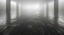 A Black And White Photo Of The Inside Of A Pier In The Middle Of A Body Of Water On A Foggy Day.
