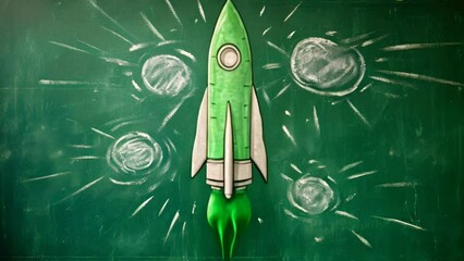 Wall Mural - drawing of rocket on blackboard moving into universe