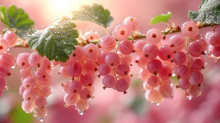 Wall Mural - a close up of a bunch of pink flowers on a branch with water droplets on the petals and green leaves.