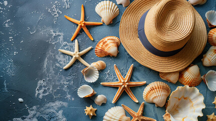 Beach hat and starfish on a blue isolated background, seen from a top view