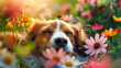 Dog nose peeks out out of the colourful wildflowers, close up. Dog sneeze in allergy season. The concept of allergy to pollen, animals, pets, dogs, seasonal allergies.