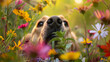Dog nose peeks out out of the colourful wildflowers, close up. Dog sneeze in allergy season. The concept of allergy to pollen, animals, pets, dogs, seasonal allergies.