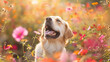 A dog sits on a beautiful flower field and sneezes while sniffing flowers, on the blurred colored background. The concept of allergy to pollen, animals, pets, dogs and cats, seasonal allergies.