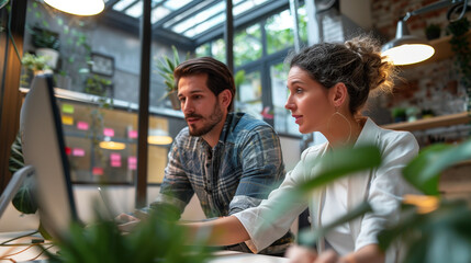 Poster - A male and a female co-worker working togerher and looking to the screen