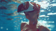 Woman Using VR Headset for an Underwater Simulation