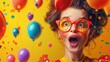 funny girl in red glasses among colorful balloons, April Fools Funny Banner