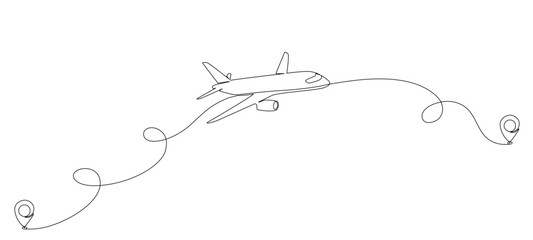 airplane flight routes drawn with a single editable line. continuous single line vector drawing of d