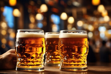 Two friends toasting with glasses of light beer at the pub. Beautiful background of the Oktoberfest. fine grain. Soft focus.