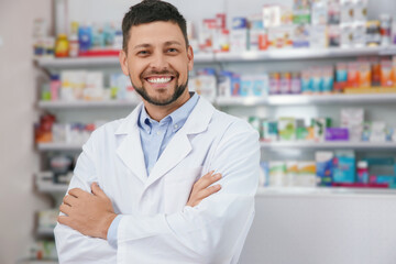 Sticker - Portrait of professional pharmacist in modern drugstore