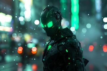 Sticker - A man in a green suit stands in front of a city street with bright lights