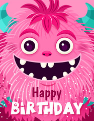 Wall Mural - Happy Birthday greeting card or Monster party invitation. Festive postcard featuring a fluffy cartoon monster. Vector design with a cute creature for your celebration event. Layered template.