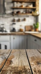 Wall Mural - Empty wooden table and blurred kitchen interior background, product display montage