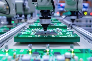 Poster - Printed circuit board assembly process. Conveyor with robotic arms in electronics factory. Semiconductor manufacturing industry