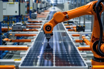 Fototapete - Industrial robotic arm on a production line in a modern solar panel factory