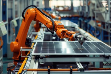 Fototapete - Industrial robotic arm on a production line in a modern solar panel factory