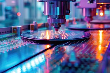 Poster - Robotic manufacturing of semiconductors and computer chips from silicon wafers. Modern technology concept