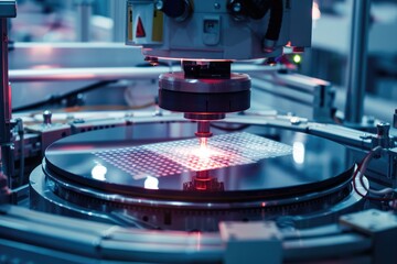 Poster - Robotic manufacturing of semiconductors and computer chips from silicon wafers. Modern technology concept