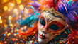 Colorful Venetian Carnival Mask with Feathers and Glitter Bokeh Background