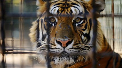 Wall Mural - Tiger Gazing Through Cage Bars Animal Captivity Theme