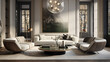 A modern living room featuring a glamorous statement lighting fixture, perfect for a sophisticated atmosphere
