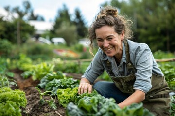 Wall Mural - A woman is smiling while tending to her garden