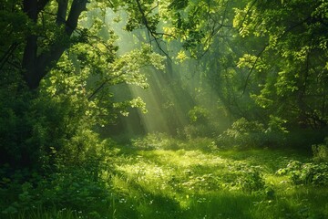 Canvas Print - A lush green forest with sunlight shining through the trees