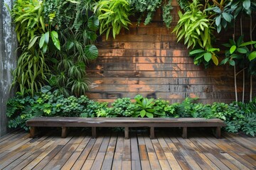 Canvas Print - A wooden bench sits in front of a wall covered in plants