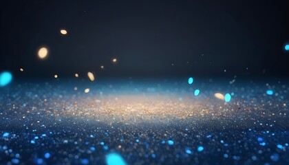 Glitter gold blue particles stage and light shine abstract background. Flickering particles with bokeh effect. Gold sparkle glow particle abstract bokeh background.