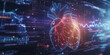 3D rendering of a human heart on a computer holographic screen background