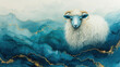  a painting of a sheep standing in a body of water with blue and gold swirls on it's sides and a white goat's head in the middle of the water.