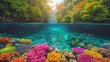  a colorful coral reef in the middle of the ocean with lots of corals on the bottom of the water and trees on the side of the other side of the water.