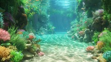  An Underwater Scene With Corals, Plants, And A Stream Of Water Running Through The Center Of The Picture Is An Underwater Scene With Corals, Plants, Water, Rocks, And Bubbles, And A.