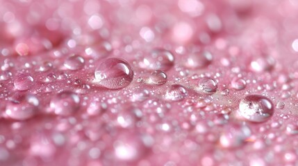   a close up view of water droplets on a pink surface with a blurry back drop of water on the right side of the image, and the left side of the image.