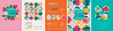 Happy Easter! Vector Illustration Of Geometric Modern Trendy Abstract Pattern, Easter Eggs, Background, Flowers And Leaves For Poster, Flyer, Greeting Card Or Invitation