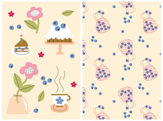 Wall Mural - Print with isolated blueberries, cake, tea, flowers. Seamless pattern with blueberries and bag. Dessert sticker. Tea time and cake collection. Card with blueberry cake. Vector illustration.