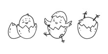 Easter Cartoon Chicks . Cute Cartoon Chicken Hatched From The Egg. Doodle Style. Card For Easter And Spring.