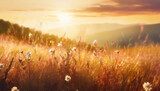 Fototapeta Natura - Abstract warm landscape of dry wildflower and grass meadow on warm golden hour sunset or sunrise time. Tranquil autumn fall nature field background. Soft golden hour sunlight at countryside