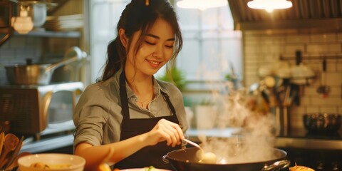 Wall Mural - young asian woman cooking in the kitchen Generative AI