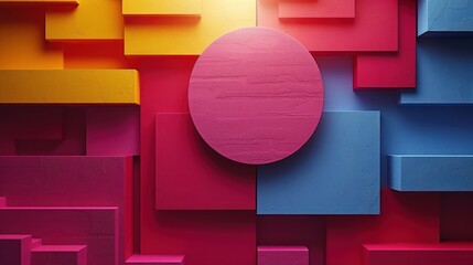  a colorful wall with a round shaped object in the middle of the wall and a red circle in the middle of the wall and a yellow circle in the middle of the wall.