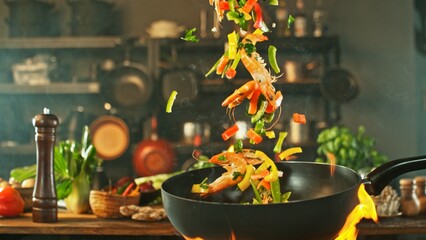 Sticker - Freeze Motion of Wok Pan with Flying Asian Meal in the Air.