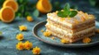  a stack of cake sitting on top of a plate covered in powdered sugar and topped with a green leaf and oranges next to a pile of sliced oranges.