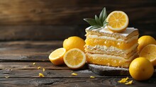  a piece of cake sitting on top of a wooden table next to sliced lemons and a couple of slices of lemons on top of a piece of cake.