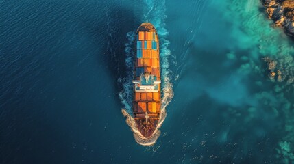 Cargo Ship Sailing on Vibrant Blue Ocean.