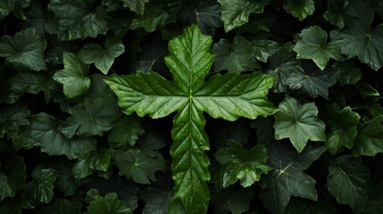 Symbolic leaf cross in a canopy of green leaves. Culture and religion concept.